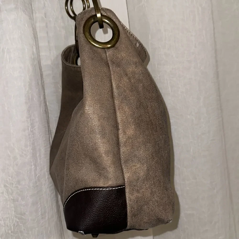 Braciano Metallic Canvas Tan Brown Leather Combo Hobo Shoulder Bag Purse